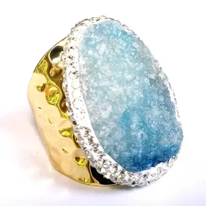 Aqua Druzy Agate Cocktail Dinner Ring 63.5 Carats On Adjustable Wide Brass Band