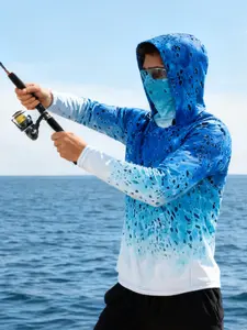 Men's Fishing Hoodie with Face Cover, Long Sleeve Neck Sailing Shirt for Summer Performance, Hunting Jersey and Beach Tops Wear, Premium Outdoor Apparel