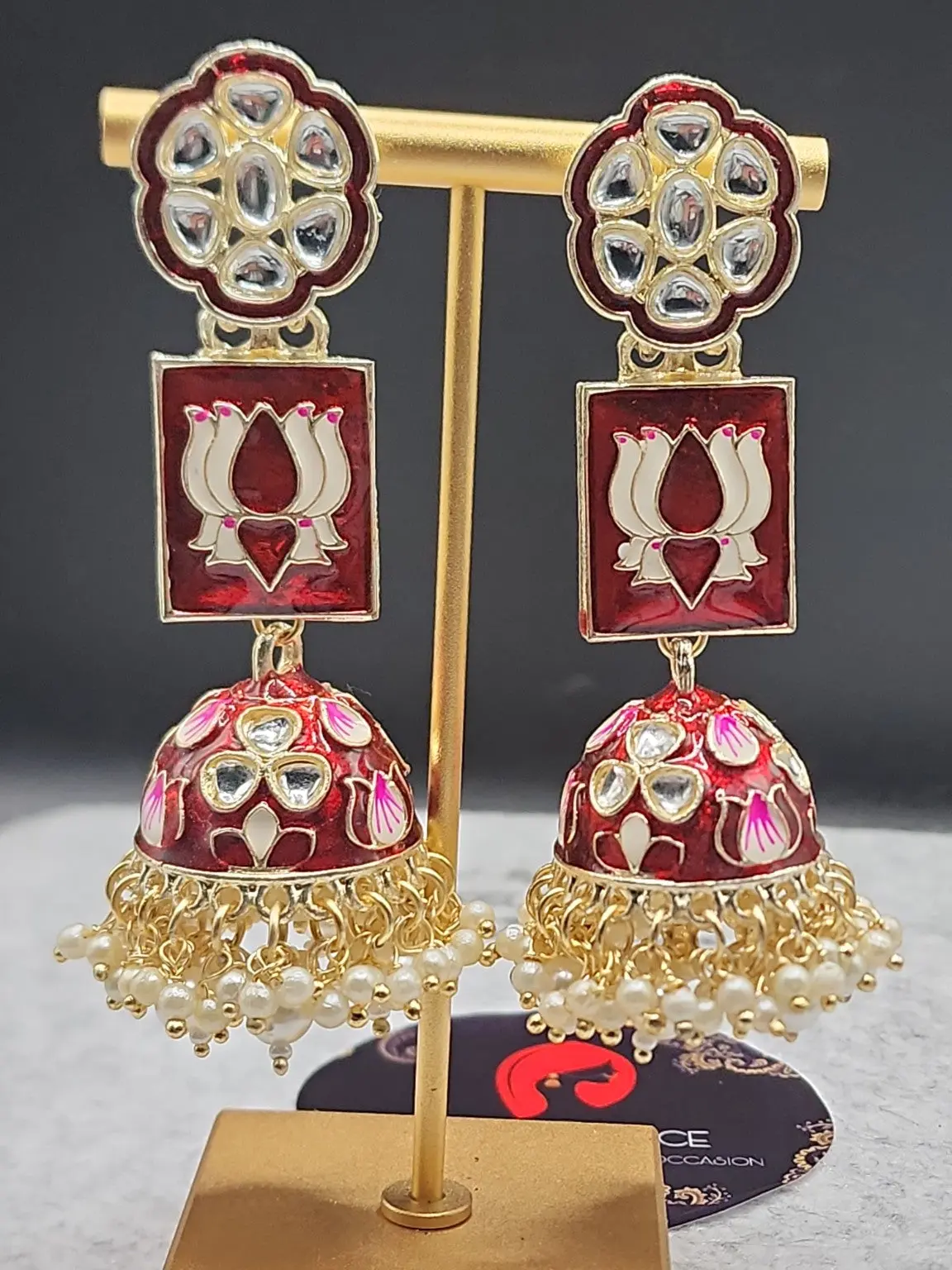 Burgundy Lotus Kundan Jhumka Earrings | Pearl Bead Indian Statement Earrings