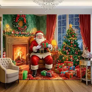 Retro Oil Painting Style, Santa Claus, Christmas Fireplace Background Banner - Gift Wreath, Christmas Tree Snow Scene Design, Suitable For Christmas Decoration, Home And Party Decoration, Ideal Christmas Gift