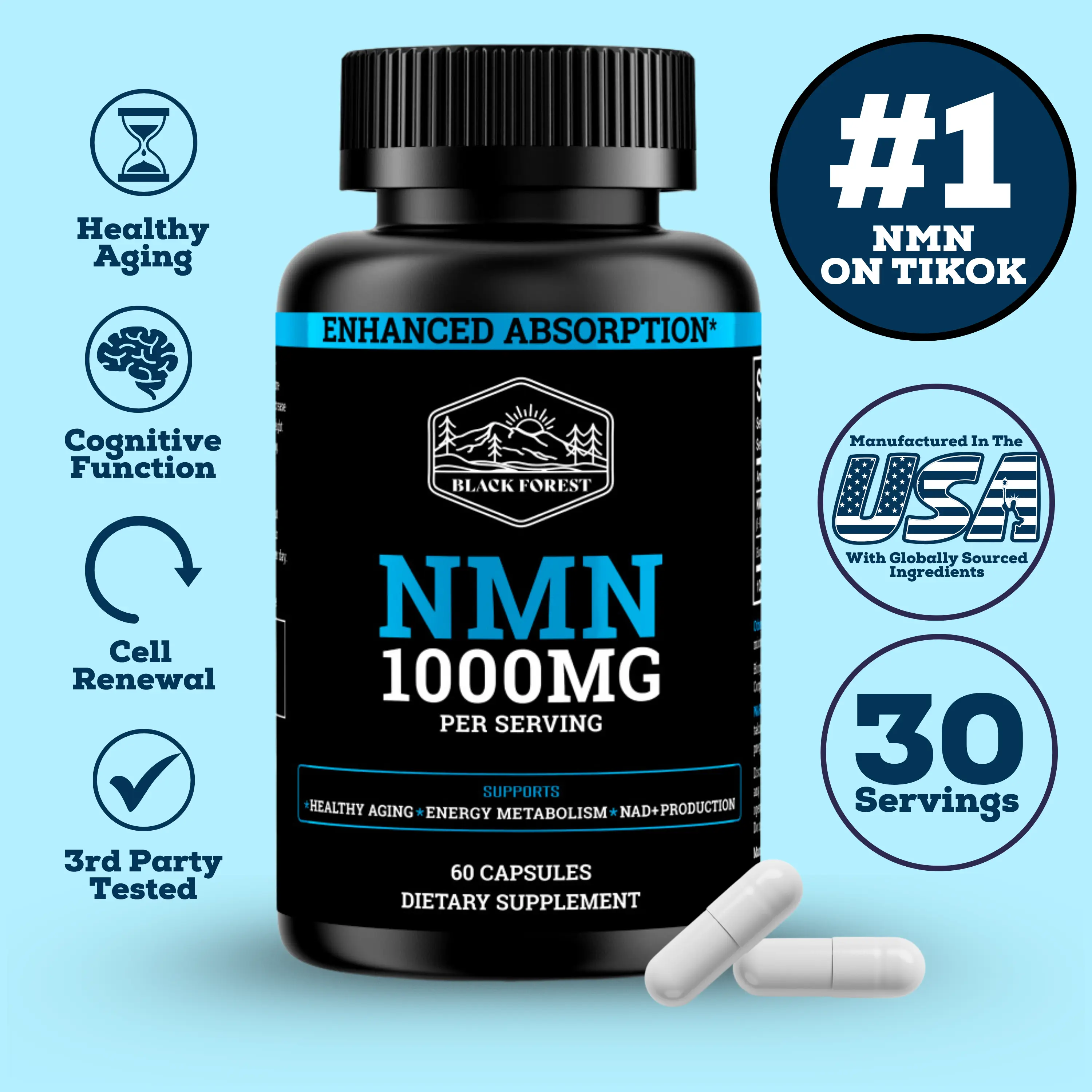 NMN Natural Dietary Supplement - 1000 mg Per Serving, Cellular Energy & NAD Support, BioPerine for Enhanced Absorption, 60 Vegan Capsules (Allergen & GMO-Free: No Sugar, Gluten, Lactose)