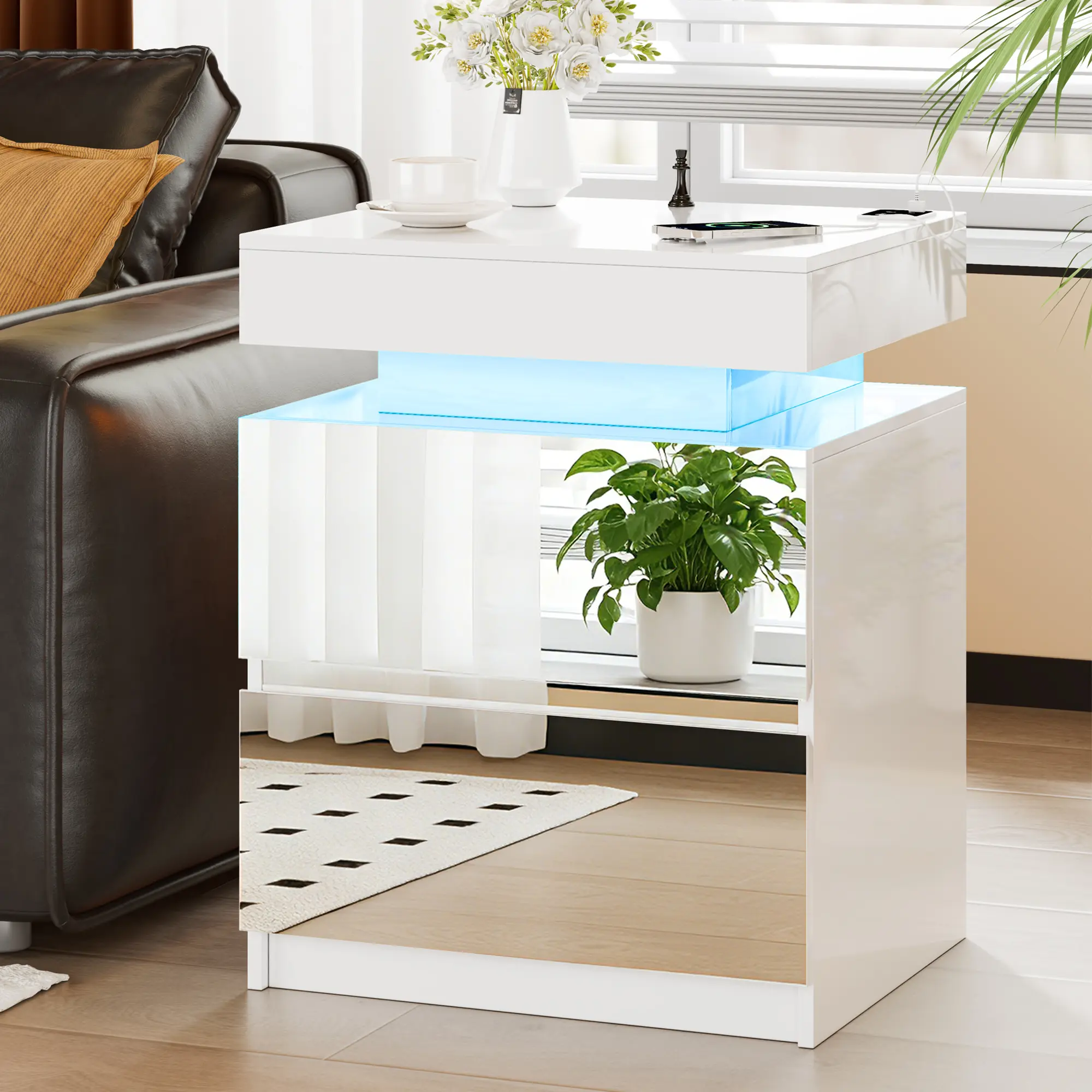 Lvifur LED Nightstand - Bedside Table with Charging Station and 2 Mirrored Drawers Sliding Top with Magnetic Lock - Modern Night Stand for Bedroom & Living Room