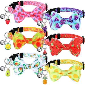 6 Pack Fruit Cat Collar, Summer Cute Breakaway Bow Tie Collars for Girl Cats Kitten Outfits, Adjustable, Strawberry Watermelon Avocado Pattern Design(Small)