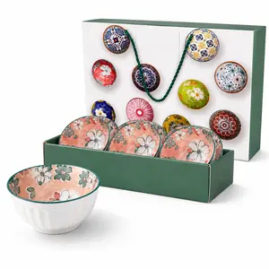 Pink Green Floral Ceramic Bowls Set, Vintage Embossed Rice Soup Cereal Bowls, Glazed Kitchen Dinnerware for Home Dining