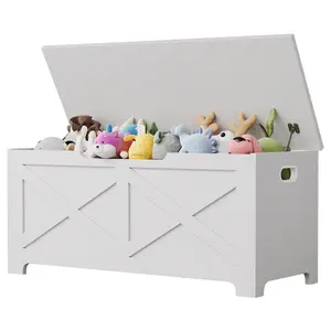 GARVEE 39.4" Storage Chest, Wooden Storage Bench With 2 Safety Hinges, Easy Assembly, Modern Style Large Toy Chest for Entryway, Living Room, Bedroom, White/X Pattern