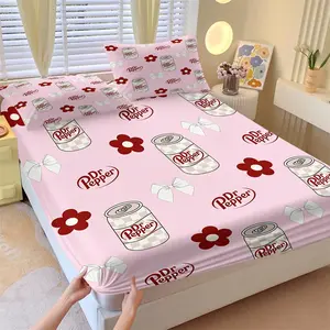 Checkered Drink Can Sweet Cool Style Fitted Sheet Set & 2 Pillowcases No Core, Pink Base, Red Flowers White Bow Brand Full Print, Soft Anti-Slip Wrinkle Resistant, Retro Vibrant Style Bedroom Decor Gift