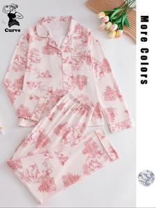 【plus size】 two-piece set landscape ink painting print shirt & pants pajama, casual comfy long sleeve lapel neck button front pocket top & elastic waist trousers pj set, women's sleepwear for all seasons valentine's day, gift