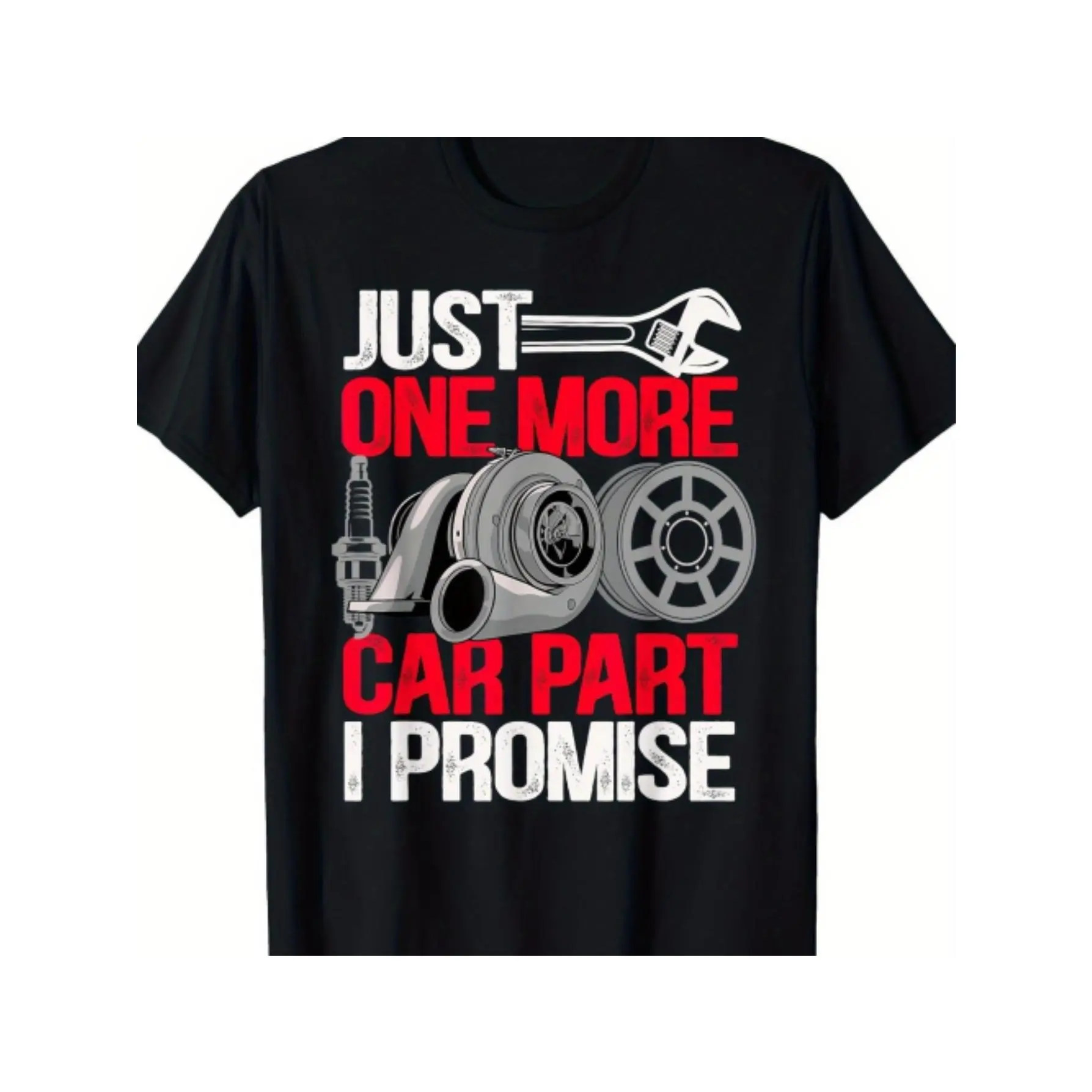Men's Short-Sleeve Round Neck Mechanic Humor Top Casual Regular Fit Tee with "Just 1 More Car Part I Promise" Black Print, Red & White Graphics, Workshop Wear, All-Season Crewneck Tshirt