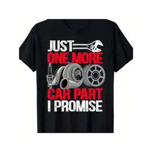 1pc Men's Mechanic Humor T-Shirt - Casual Crew Neck Tee with "Just One More Car Part I Promise" Print, Regular Fit for All Seasons, Family & Workshop Wear, Black with Red & White Graphics