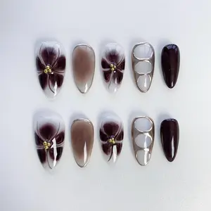 Fall Amber Inspired Press On Nails, Brown Color Vibe Handpainted Freestyle Design Custom Hand-painted Almond Reusable Fake Nails