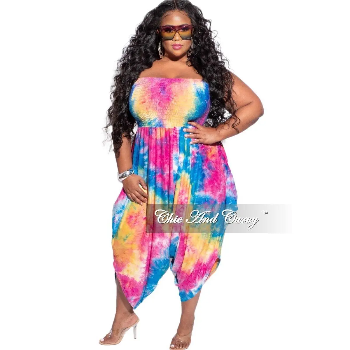 Final Sale Plus Size Strapless Smocked Harem Jumpsuit in Blue, Fuchsia & Yellow Tie Dye