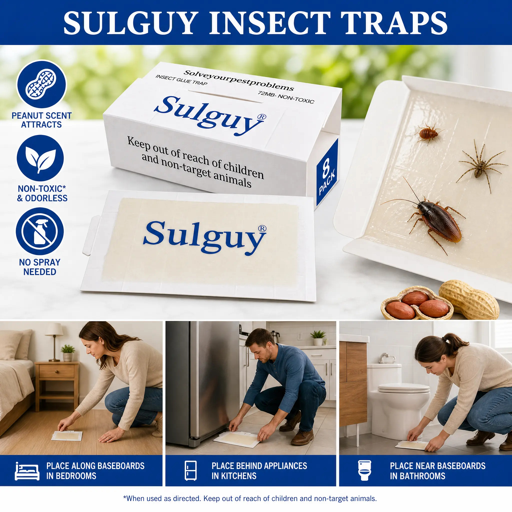 Insect Sulguy Traps — Safe for children and pets — Strong adhesive captures various insects and cockroaches — Convenient to use and easy to clean up — Indoor glue traps (8-pack)