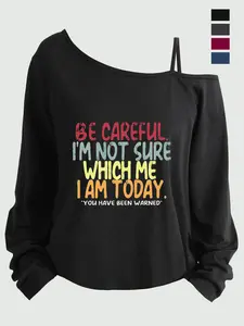 Plus Size Women's Loose-Fit Long Sleeve Cami Top, Asymmetrical Neckline, Letter Print, All Seasons, Sizes 1-8xl