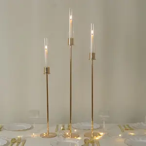 Set of 3 Gold Metal Taper Candle Holders with Hurricane Glass Shades – Modern Minimalist Candlestick Stands – 28", 32", 36"