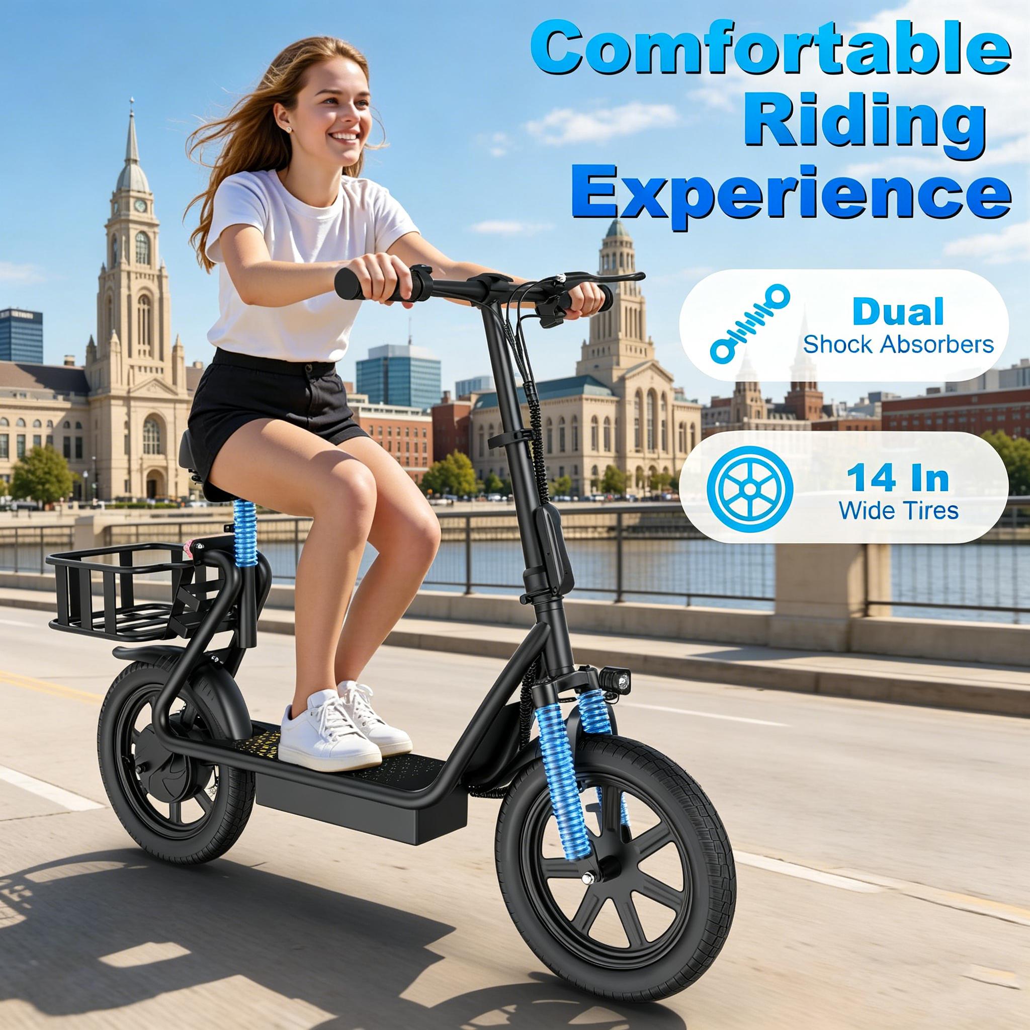 48V 10.4Ah Adult Electric Scooter with Seat, Powerful Motor, 22MPH Max Speed, 21-27 Mi Driving Range, Pet-Friendly Design, and Convenient Rear Basket,summervibes