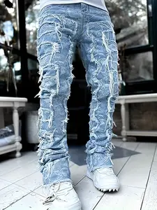 Men's layered distressed denim jeans straight leg patch denim pants slim fit pants streetwear