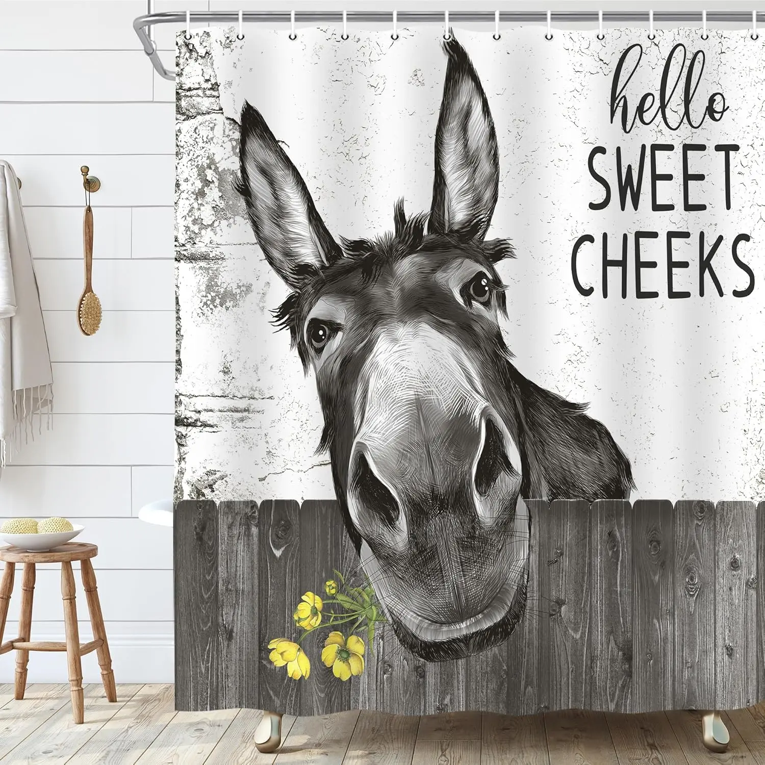 Emwnodti Funny Donkey Rustic Shower Curtain, Fun Cute Animal Farmhouse Shower Curtain for Bathroom Set, Black and White Polyester Fabric Waterproof, 72x72 inch with 12 Hooks