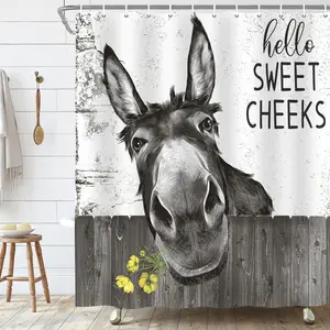 Emwnodti Funny Donkey Rustic Shower Curtain, Fun Cute Animal Farmhouse Shower Curtain for Bathroom Set, Black and White Polyester Fabric Waterproof, 72x72 inch with 12 Hooks