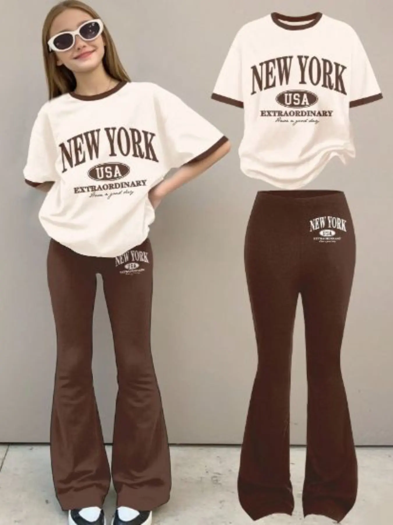Girls' Fall/winter New York Letter Print Short Sleeve Crewneck Top & Bow Tie Long Pants Trouser Set, Loose Fit, Outdoor Activities, Casual Style, Clothes, Fashion