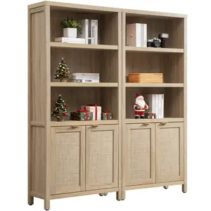 SICOTAS Bookcase 5 Tier Bookshelf Rattan Boho Tall Book Case Shelf with Doors Storage  Large Bookcases Farmhouse Bookshelves Library Shelves for Living Room Bedroom Home Office Kitchen, Unique Boho Style, Ample Storage Space