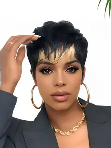 Pixie Cut Natural Human Hair Wigs for Women, Machine Made, 150% Density, Burgundy Color, Short Straight Daily Party Cosplay Use Wig