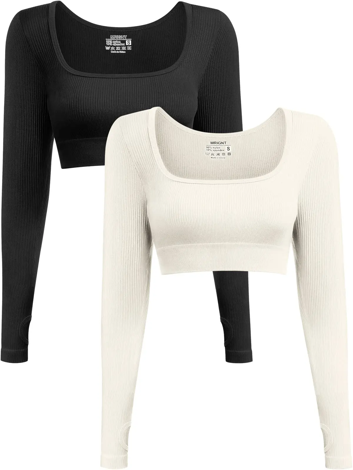 Women's Long Sleeve Crop Top Ribbed Seamless Workout Exercise Top 2 Pack