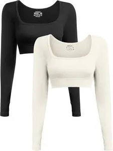 Women's Long Sleeve Crop Top Ribbed Seamless Workout Exercise Top 2 Pack