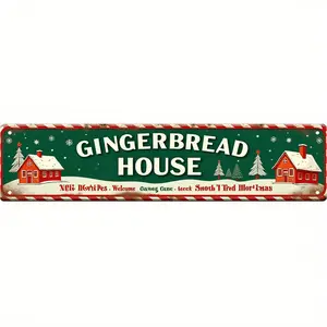 【2D Flat】 Vintage Gingerbread House Metal Tin Sign - 16"x4" (40cm x1cm) Rustic Farmhouse Christmas Wall Decor, Durable Gingerbread House Plaque for /Outdoor Holiday Decoration, Housewarming Gift & Cozy Nostalgic Room Art
