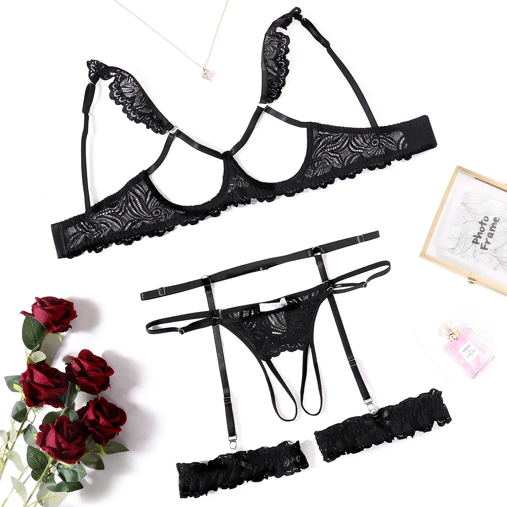 Avidlove Lingerie for Women Underwire Floral Lace Bra and Panty Garter Lingerie Sets S-XXL