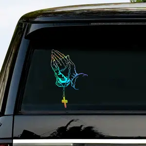 Prayer Beads & Cross Hand Gesture Car Sticker, Rear Window Body Decor Decal