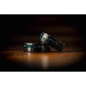 Blue & Green crushed opal black tungsten ring