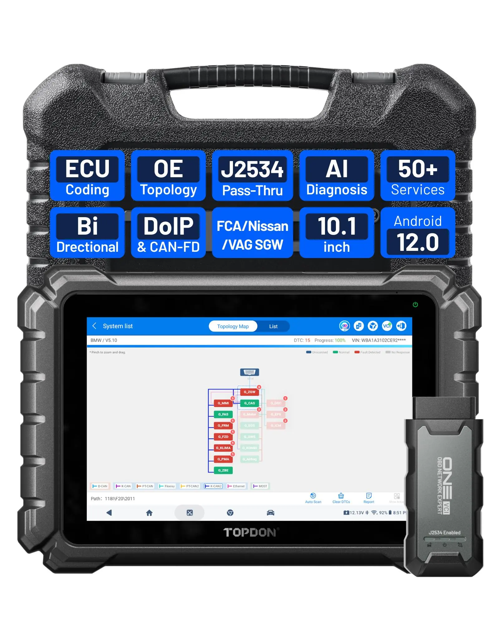 TOPDON 1 10.1-inch Bidirectional OBD2 Car Diagnostic Tool - J2534 Pass-Thru, 4GB RAM, ECU Coding, 50+ Service Functions, Full System Scan, TopFix AI, OE Topology Mapping, Wi-Fi, 128GB Storage, 10000mAh Battery, Compatible with VW, One, 10,000 Mah Battery