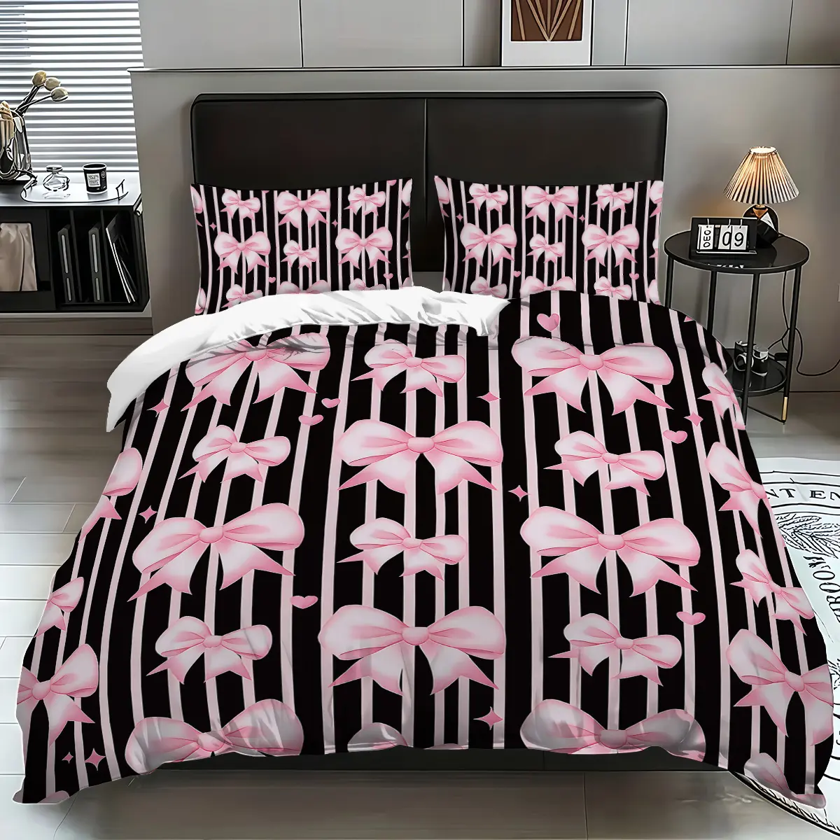 The 3-piece set includes 1 duvet cover and 2 pillowcases (without padding) Princess style black background stripe with pink bow elements printed decorative bedding set, soft and comfortable for all season, Comfy Bedding Sets, Soft Bedding Sets