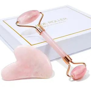 Jade Roller & Gua Sha, Natural Jade Face Roller Gua Sha Facial Tools Skin Care Massager, Pink Smooth Aesthetic