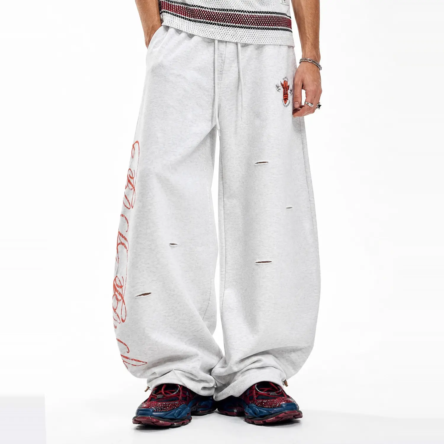 Inflation Crest Logo Back Pocket Sweatpants Vertical Cursive Side Print Drawstring Hem Baggy Wide Leg Streetwear Casual Pants