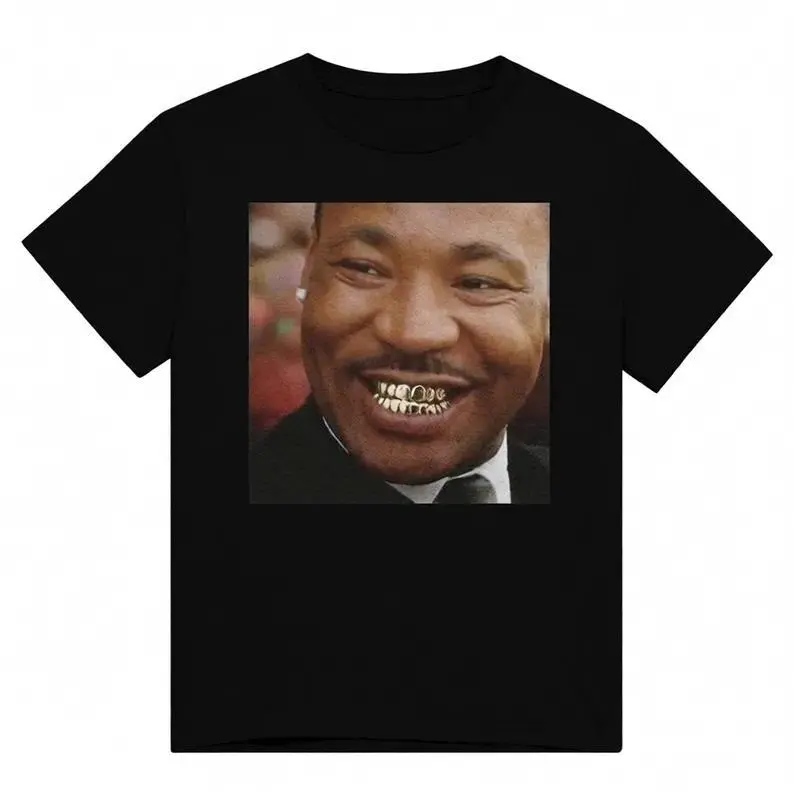 Men's Martin Luther King Gold Grillz Meme Graphic T-Shirt - Heavyweight Cotton Shortsleeve Round Neck Casual Menswear Top, Ideal Gift for Guys