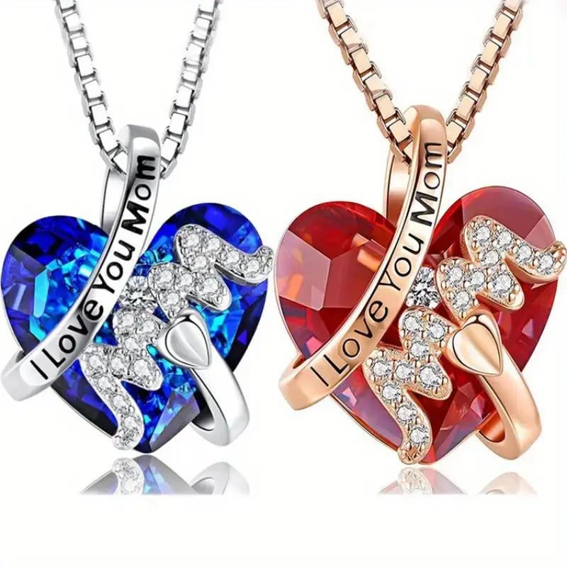 I Love You Mom Heart Pendant Necklace – Dainty Crystal Jewelry Gift for Mother, Birthday, Christmas, Mother’s Day, Anniversary, or Just Because – Elegant Mom Necklace with Sparkling Crystal Heart and Love Message – Perfect Jewelry Gift for Mom