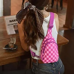 Beige Checkered Mini Sling Crossbody Bag, Adjustable Strap Chest Fanny Pack, Casual Lightweight Phone Purse, Trendy Waist Bag for Women, Perfect for Travel, Hiking & Daily Use