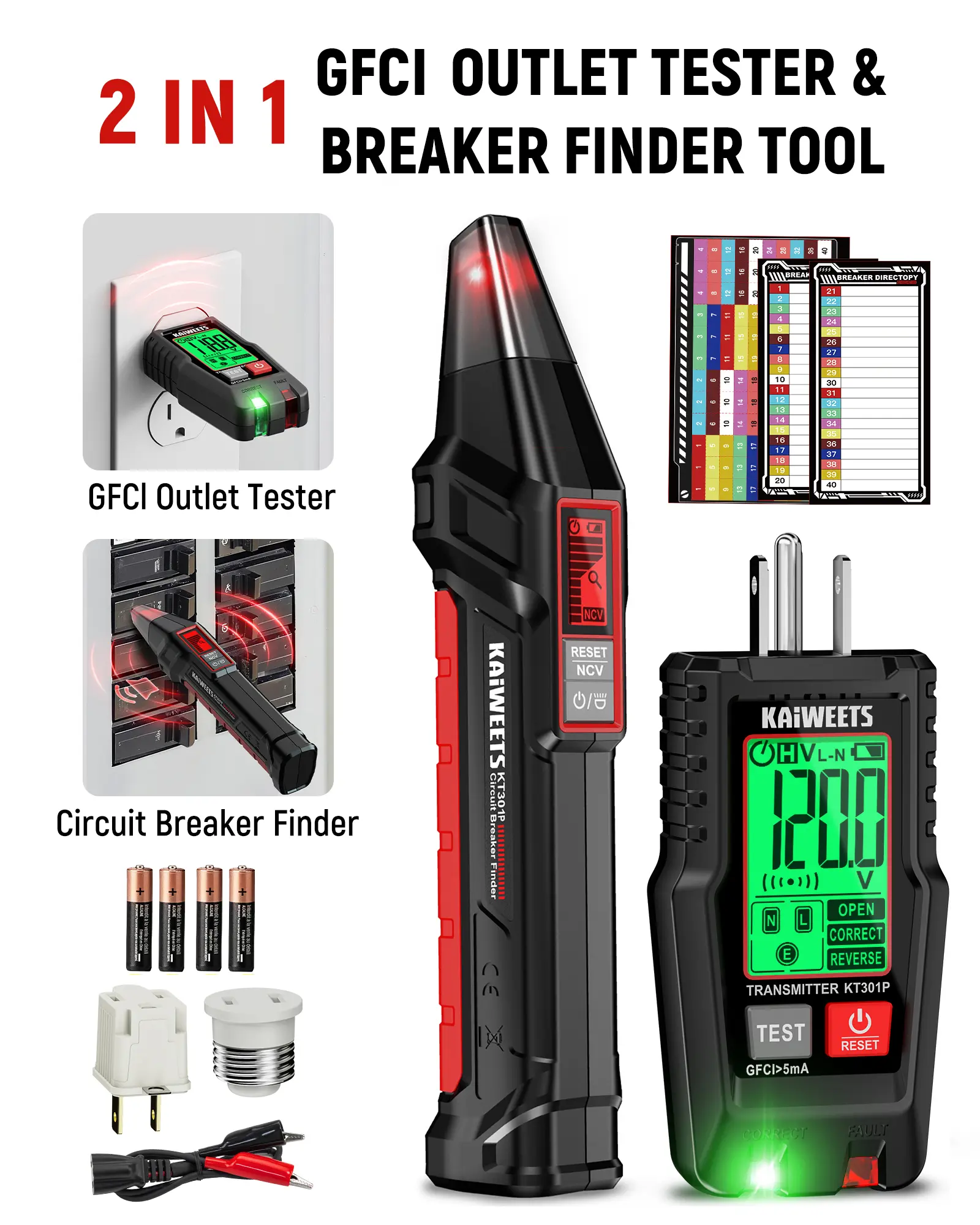 KAIWEETS AC Circuit Breaker Finder Kit with LCD Alert Display – 2-Piece Voltage Tester Set with Transmitter & Receiver, Non-Contact Voltage (NCV) Detection, Flashlight, Cable/GFCI Outlet Tester, Portable Electrical Circuit Detector Tool for Home & Pro Use