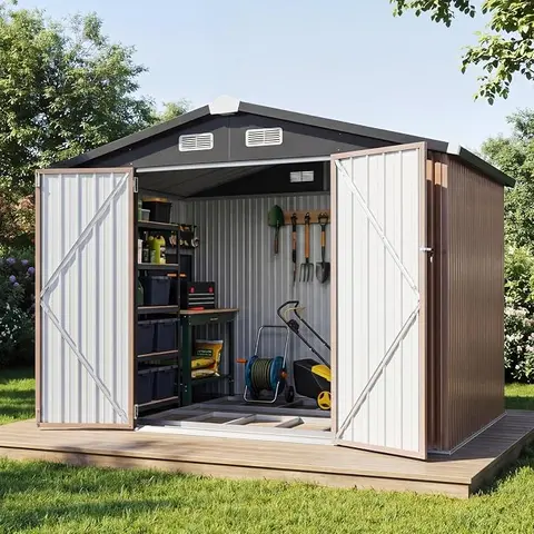 Aoxun 10x12 FT Heavy Duty Storage Shed with Base, Outdoor  Galvanized Steel Garden Shed with Lockable Door, Sloped Roof, Ventilation & Waterproof Design, Metal Tool Shed for Yard, Patio & Backyard, Easy Assembly,Brown