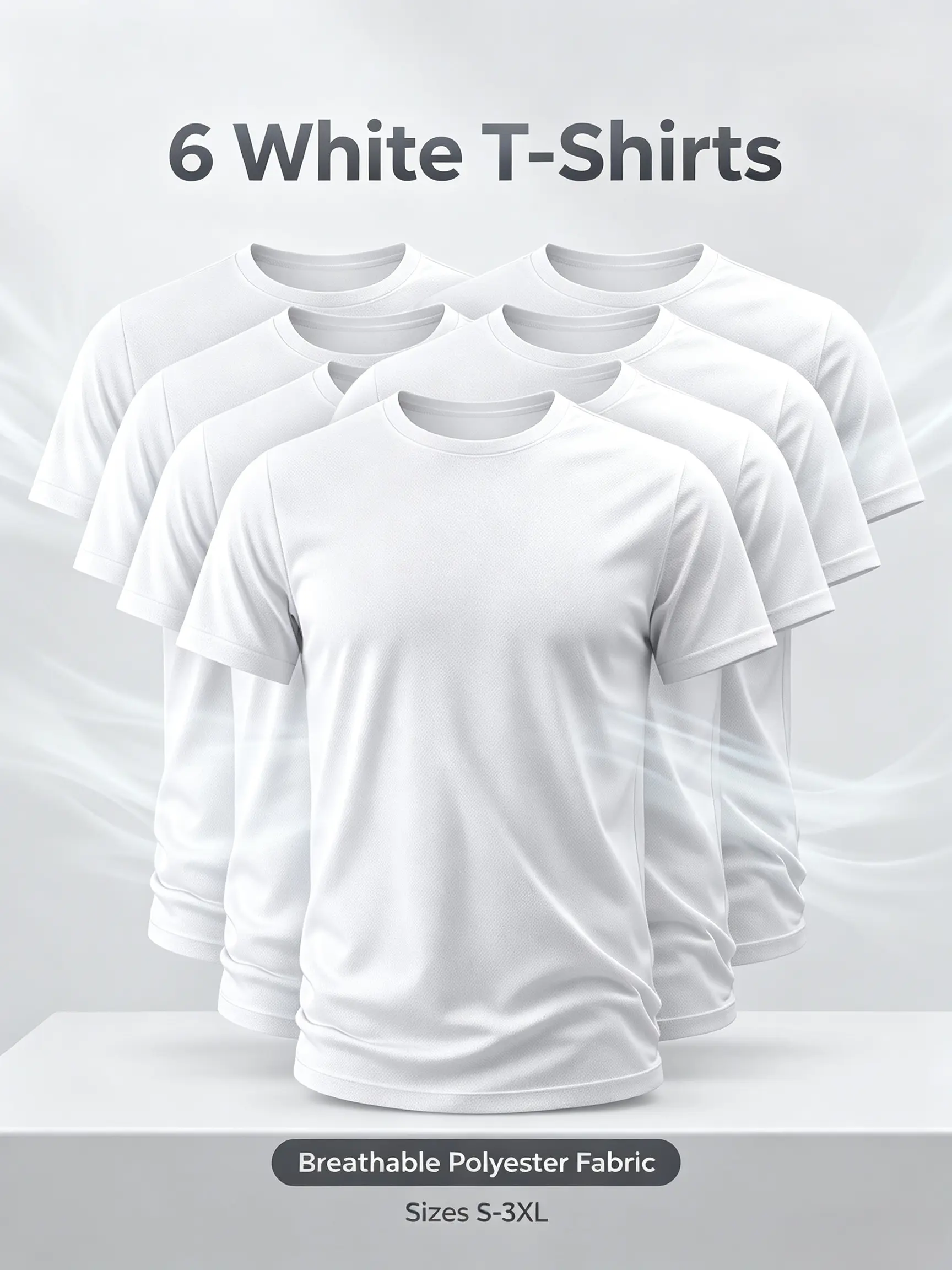 Men's 6 Pack White T Shirts, Breathable Polyester Mesh Crew Neck Shirts for Men, Quick Dry Moisture Wicking Workout Shirts, Lightweight Athletic Basic Tees, Comfortable Summer Casual Tops for Gym Running Outdoor Daily Wear S-3XL