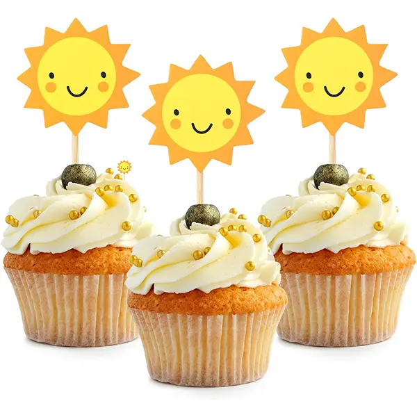 Sun Cupcake Toppers 24Pcs Pack with Bamboo Toothpicks for Baby Shower Birthday Wedding Party Decorations Unique Flower Shape for Special Events