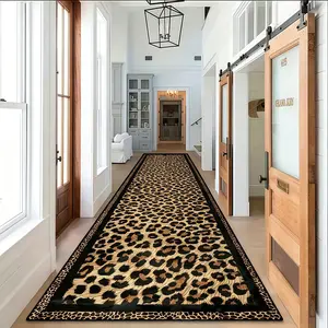 Gold Diamond Velvet Leopard Print Long Runner Rug, Luxury Flannel Non Slip Hallway Carpet, Machine Washable Decor Floor Mat for Villa Entryway, Corridor, Living Room, Hotel Lobby & Airport Lounge, 2 Sizes 1.65’×8.25’ / 1.65’×11.55’