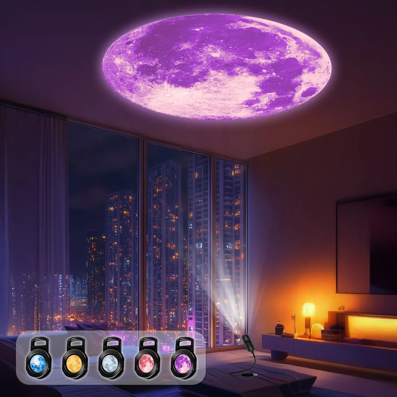 Moon-Patterned Projection Light, with 5 Color Moon Options, Perfect for Creating a Romantic Starry Sky Atmosphere as a Ceiling Background Decoration Light.