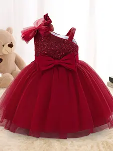 Maroon Sequins Baby Girl Clothes Infant Christening Cocktail Toddler Baptism Pageant Birthday Party Ball Gown Princess Dress for all Season 6 Months to 3 Years