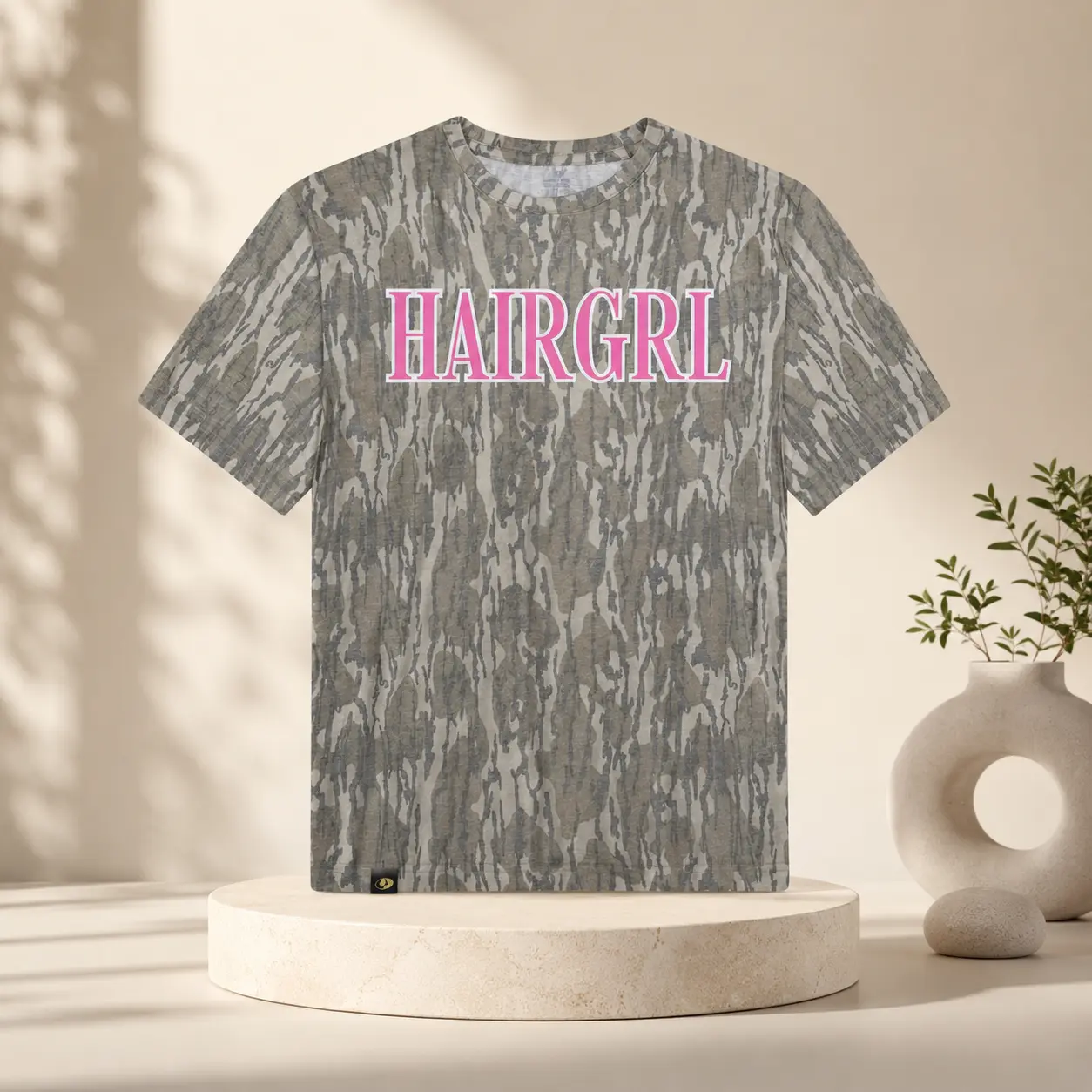 HAIRGRL Camo Graphic T Shirt, Pink Letter Hair Girl Tee, Hairstylist Shirt, Hair Salon Outfit, Unisex Short Sleeve Crewneck Casual Top Gift