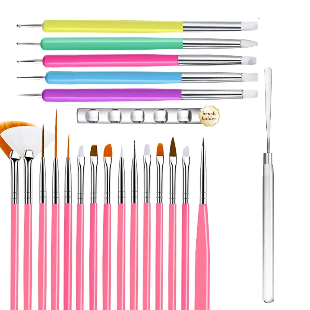 23 PCS Silicone Nail Tool Nail Art Brush Tools Set With Dual-Ended 3d Sculpting Pen Dotting Brushes, Nail Art Practice Palette & Polish Mixing Stick, Brush Holder, Nail Supplies Salon Home