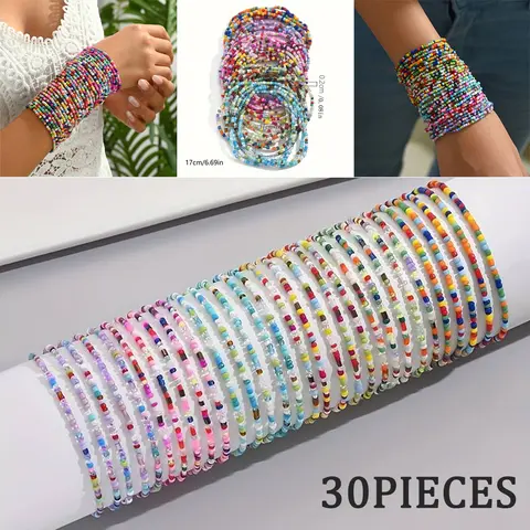 30pcs Set Summer Bohemian Colorful Seed Bead Bracelets Multi-layer Women'S Bracelets - Colorful Stackable Handmade Jewelry, Suitable for Daily and Vacation Wear, Accessories for all seasons