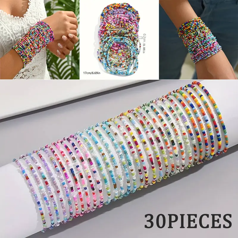 30pcs Set Summer Bohemian Colorful Seed Bead Bracelets Multi-layer Women'S Bracelets - Colorful Stackable Handmade Jewelry, Suitable for Daily and Vacation Wear, Accessories for all seasons