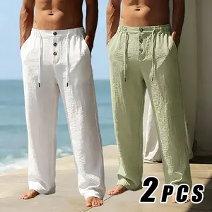 2PCS Men's Spring Summer Nylon Casual Pants | Quick Dry Lightweight Elastic Drawstring Waist with Button Detail, Loose Straight Leg Trousers for Beach Vacation Travel Hiking Home Daily Wear